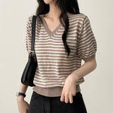 Lean-Linen カラーストライプダンガラ半袖ニット [Round Neck & V-Neck]