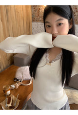 Choker V-neck Lace V-neck Long Sleeve T-shirt