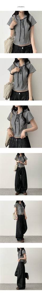 Linka Stripe Dangara Half Crop Short Sleeve Hoodie