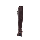 サテンレースアップオープントゥブーツヒール (Brown)