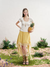 Back Ribbon Lace Sheer Short Sleeve Top