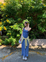 blue floral sleeveless chiffon long dress