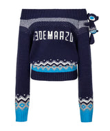 13DE MARZO Fair Isle Bear Off Shoulder Sweater Navy Blue