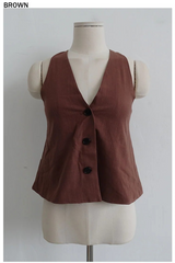 NATURAL LINEN BUTTON VEST (BROWN, BLACK 2COLORS!)