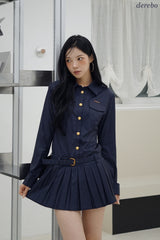 Navy Pleats Gold Shirt Wedding Guest Dress