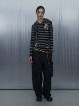 BADGE STRIPE HOODED CARDIGAN / CHARCOAL_P