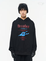 RELABEL ブラックレザーウィンドブレーカーフーデッドスウェットシャツ