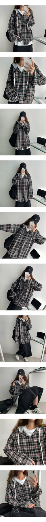 Todon Layered Coloring Hooded Checkered Shirt (2 colors)