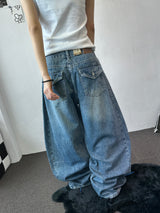 Truegen Button Waistband Side Pintuck Balloon Denim Pants 4color