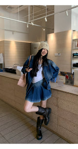 denim loose fit collar zip-up jacket two-piece (skirt set)