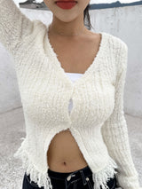 [BODY SHAPING] HIP FRINGE SOFT-FIT SLIM KNIT V-NECK CARDIGAN - 2 COLOR