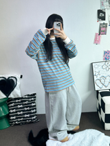 STRIPE OVER BOXY BOYFRIEND LONG SLEEVE T SHIRT ❤💚🩵🧸4COLOR
