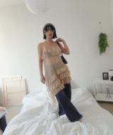 FRILL UNBALANCE BUSTIER MINI DRESS (BEIGE)