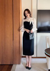 26SS★ Melage Chiffon Color Matching Tie H-Line One Piece