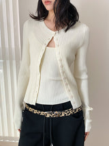 Chewing Ribbed Button Round Neck Long Sleeve Cardigan