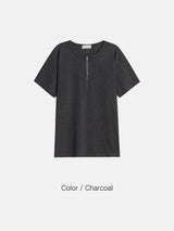 LMN ジッパーヘンリーネックVネック半袖ニット (4 colors)