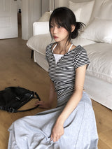 Isho Fake Layered Halter Stripe Button Short Sleeve T-shirt