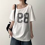 Lillit Numbering Unbalanced オフショルダー半袖Tシャツ