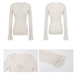 New wear レース Vネック ニット 長袖 Tシャツ