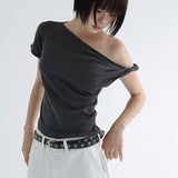 [Etern] One-Shoulder Twist Short-Sleeve T-Shirt - 4 Colors