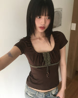 Kuro Vintage Shirring Lace Short-Sleeved T-Shirt