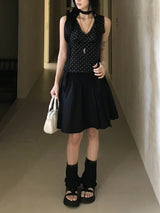French Dot V-Neck Sleeveless Blouse