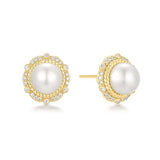 gold shell pearl bloom stud 14k gold plating + 925 silver earrings E069-06G