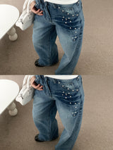 リベットアイレットパンチングウォッシュドワイドデニムパンツ (デニム)