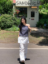 [MADE] ストライプアンバランスオフショルダーTシャツ