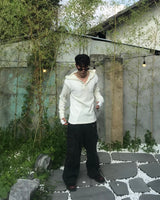 Wool Star Henry-neck Fingerhole Hoodie Knit