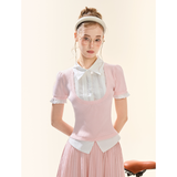 GirlyFancyClub Energetic Girl Academy Pink Short-Sleeved Knit Faux Two-Piece Top