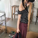 Ptik ヒッピーフリルバンディングジグザグオフショルダーTシャツ