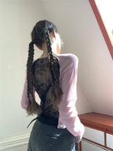 バックシースルーレース長袖Tシャツ