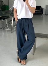No-Mace Back Banding Two-Tuck Linen Wide Pants