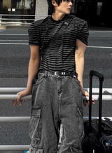 Black & Charcoal Muscle Fit Striped Short Sleeve