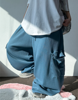 KOREAN 🧇 WAFFLE PUNCHING 🧇 LOOSE HIP CARGO BALLOON WIDE LONG PANTS 🩵🍓🩶 - 3 COLORS