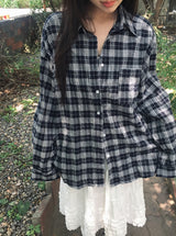 26SS★ [MADE] Riche Over Boxy Check Long Sleeve Wrinkle Shirt
