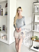1484. ドットシャーリングシフォンリボンスカートパンツ (3color)