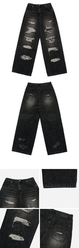 24FW  ダメージステッチウォッシングデニムパンツ ブラック