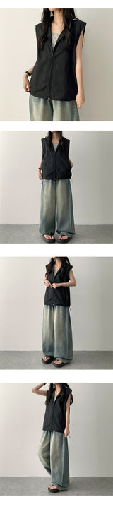 Rize waistbanding side pin tuck incision denim washed wide pants