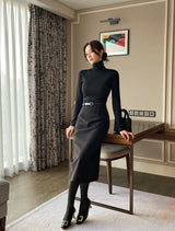 Cre wool pin tuck H-line slit long skirt (belt set)