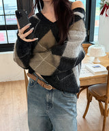 [F/W] Argyle brush v neck knit(2color)