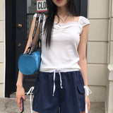 ウィティンガールコアレースシャーリングハートネックパフノースリーブTシャツ