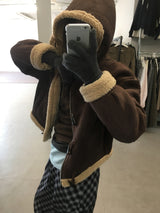 フェムダッフルフードフェイクシャーリングジャケット (2color)