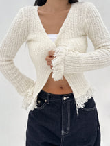 [BODY SHAPING] HIP FRINGE SOFT-FIT SLIM KNIT V-NECK CARDIGAN - 2 COLOR