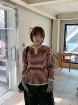 マーデンヘアリーストライプボタンニット