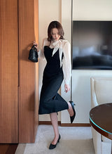 26SS★ Melage Chiffon Color Matching Tie H-Line One Piece