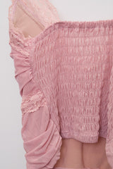 Lace-Trimmed Shirred Smocked Bra Top (Pink)