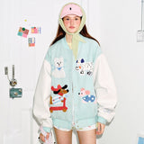 Preppy Accent Mint Cartoon Embroidered Varsity Jacket