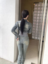 1089. Shirring denim slim boots cut pt (2color)